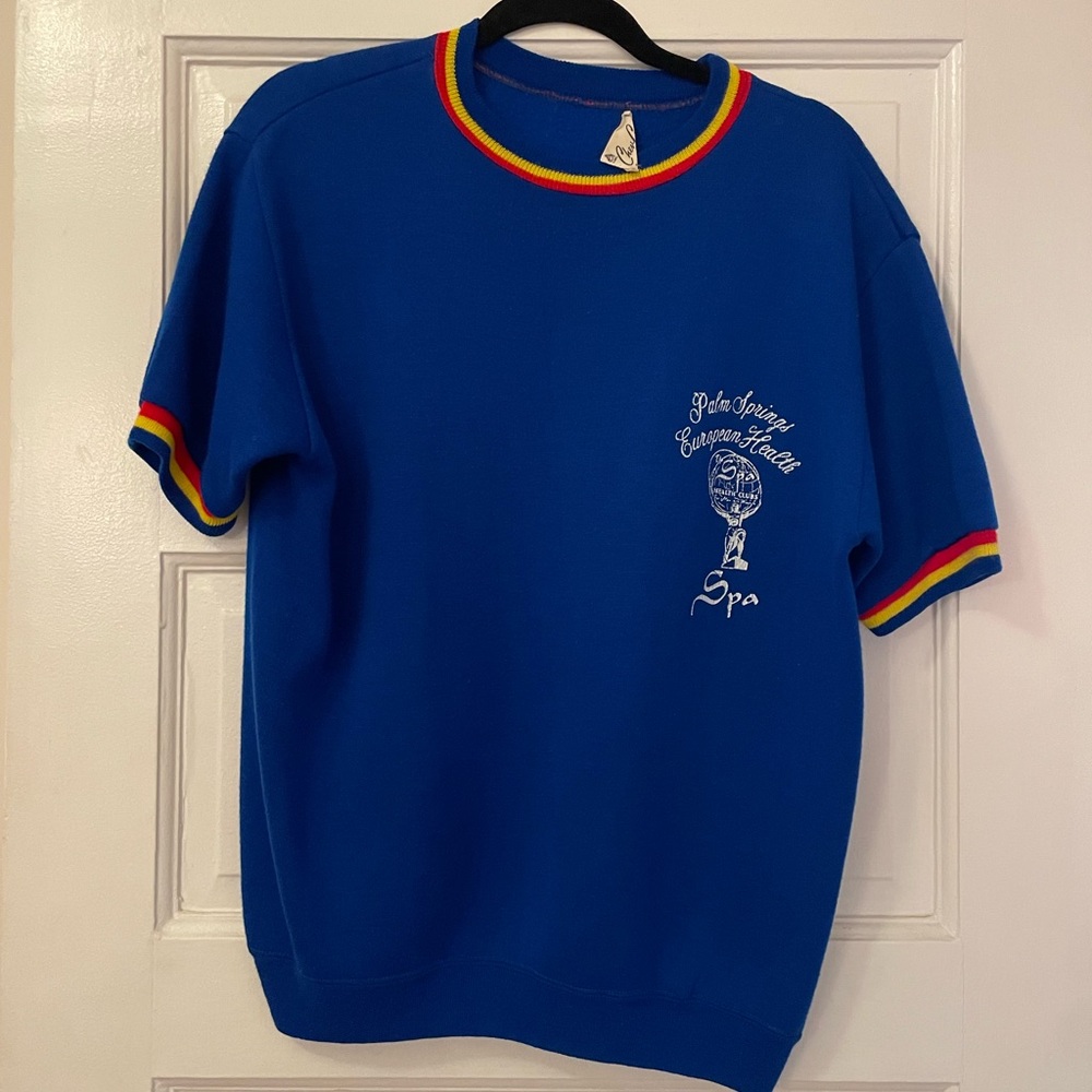 Vintage Blue Graphic short sleeve sweatshirt with Rainbow Trim
